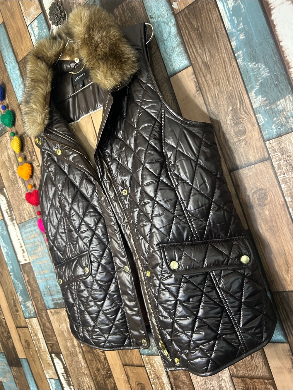 Talbots Quilted Faux-Leather Vest with Faux-Fur Collar - Dark Brown - Picture 11 of 16